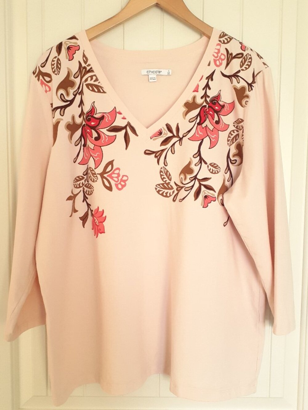 Chico's Stretch-Cotton 3/4 Sleeve Perfect Tee Siesta Rose Pink Size 4/Size XXL